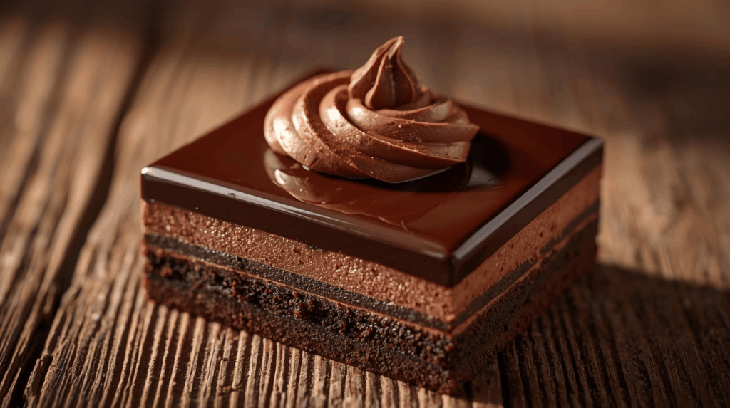 Dessert box premium cokelat dengan lapisan mousse dan ganache mengkilap.