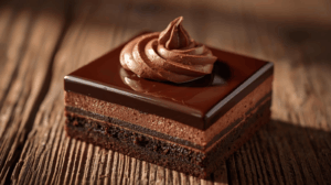 Dessert box premium cokelat dengan lapisan mousse dan ganache mengkilap.