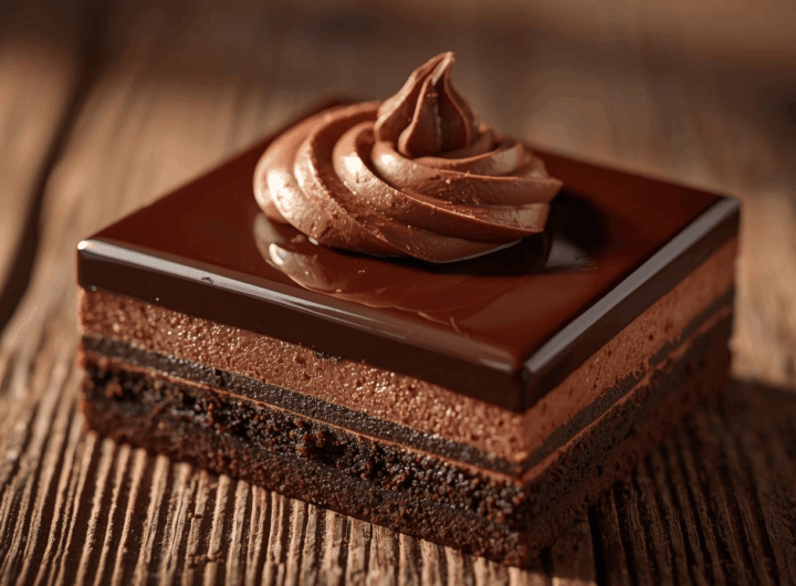 Dessert box premium cokelat dengan lapisan mousse dan ganache mengkilap.