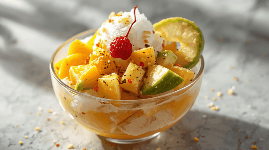 Dessert dingin segar es campur dengan buah tropis di mangkuk kaca