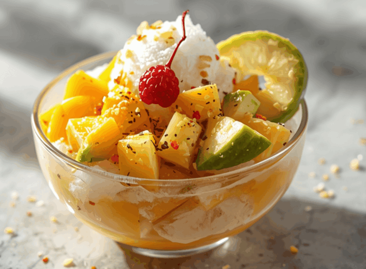 Dessert dingin segar es campur dengan buah tropis di mangkuk kaca