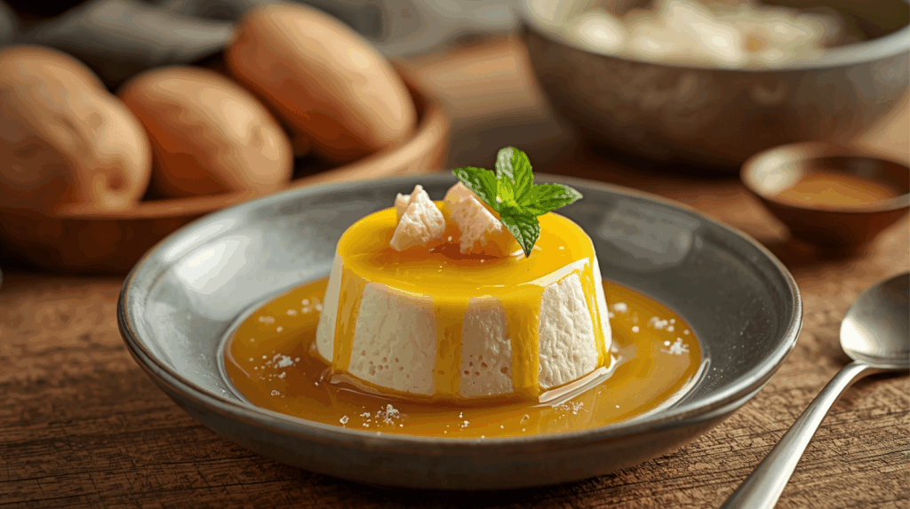 Dessert lembut ala rumahan dengan tekstur creamy di meja dapur