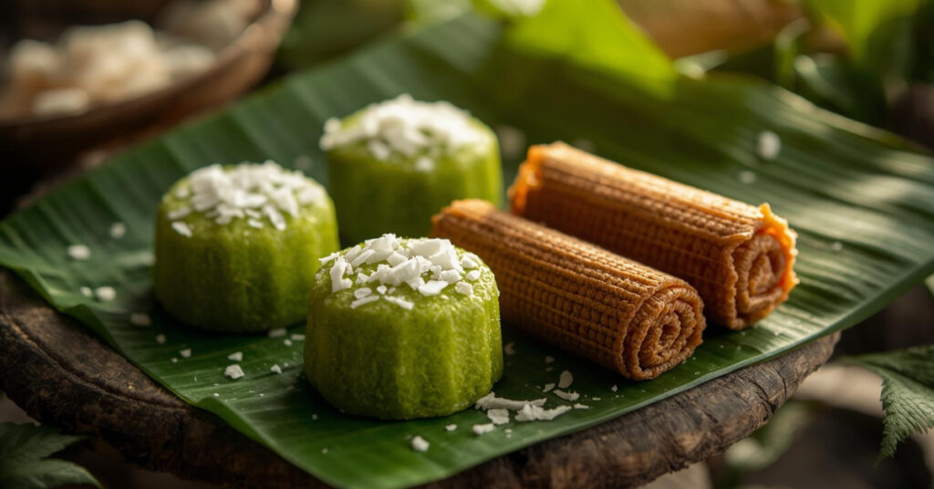 Kue basah klasik Indonesia di atas daun pisang