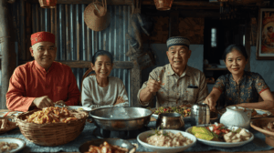 Keluarga lokal memasak makanan tradisional luar negeri di dapur sederhana