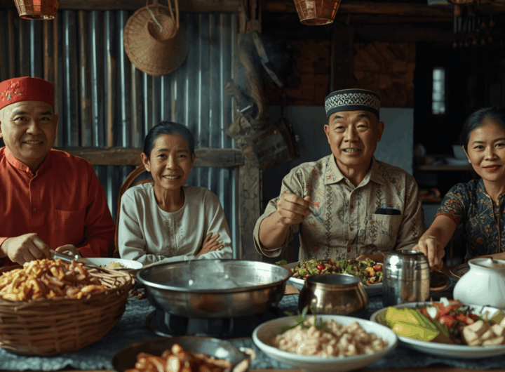 Keluarga lokal memasak makanan tradisional luar negeri di dapur sederhana