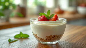 Dessert creamy rumahan lembut dalam mangkuk kaca dengan topping buah segar