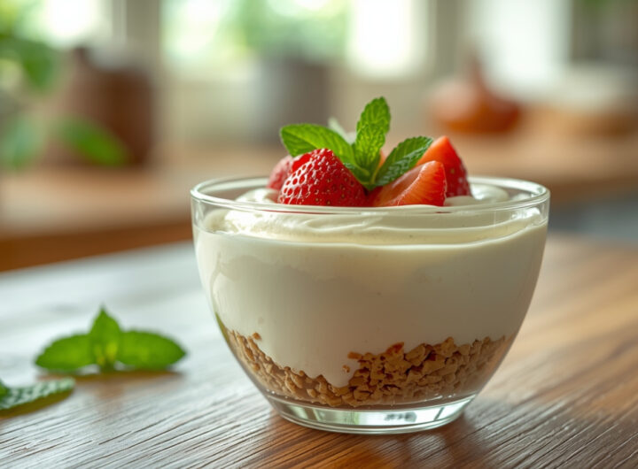 Dessert creamy rumahan lembut dalam mangkuk kaca dengan topping buah segar