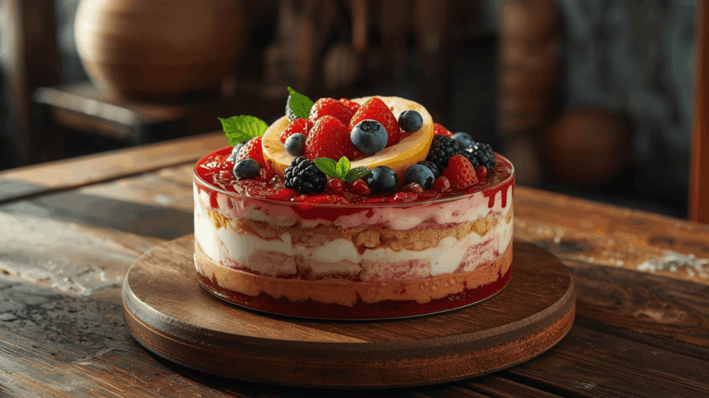 Pudding dingin berlapis dengan topping buah segar