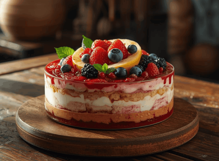 Pudding dingin berlapis dengan topping buah segar