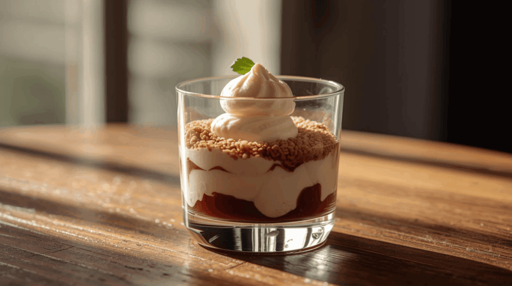 Dessert creamy lembut dalam cup bening dengan lapisan halus