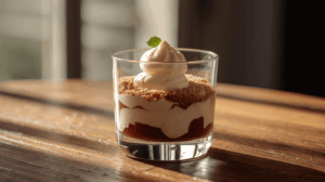 Dessert creamy lembut dalam cup bening dengan lapisan halus