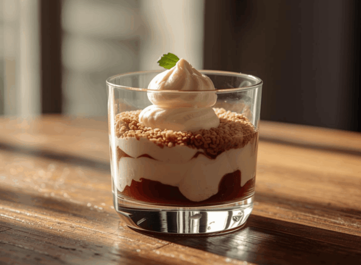 Dessert creamy lembut dalam cup bening dengan lapisan halus