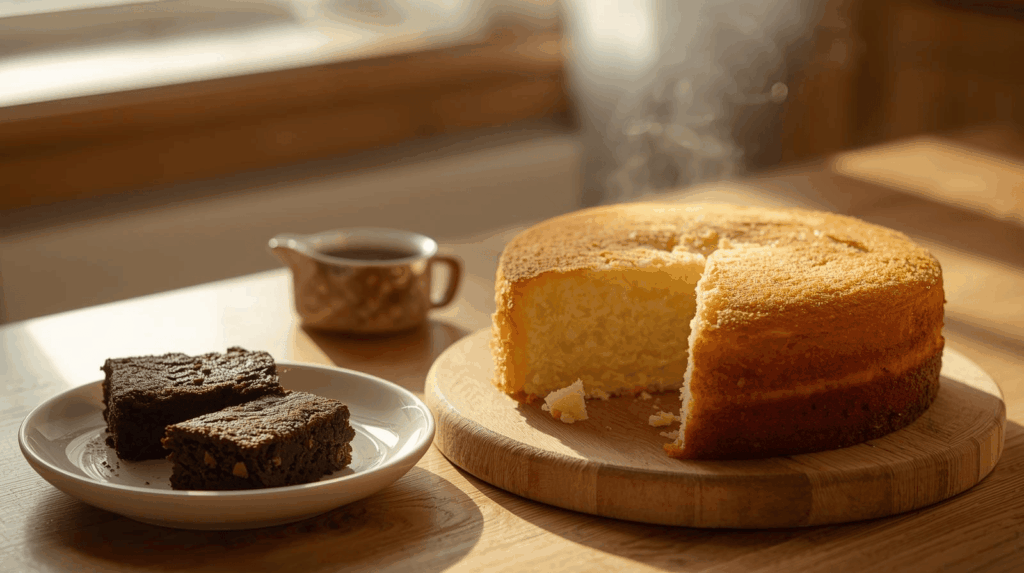 Kue sederhana tapi enak disajikan di meja kayu dengan cahaya alami