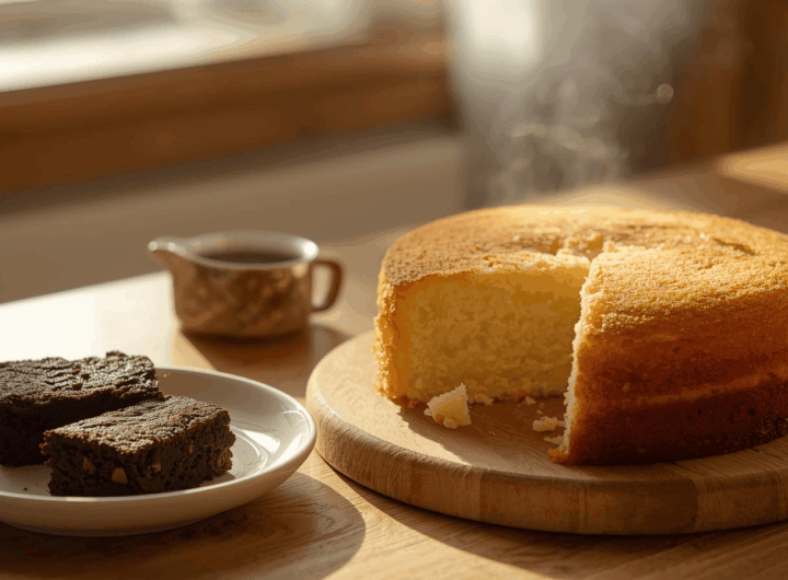 Kue sederhana tapi enak disajikan di meja kayu dengan cahaya alami