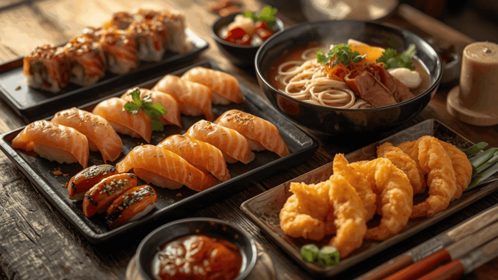Aneka makanan khas Jepang populer seperti sushi, ramen, dan tempura