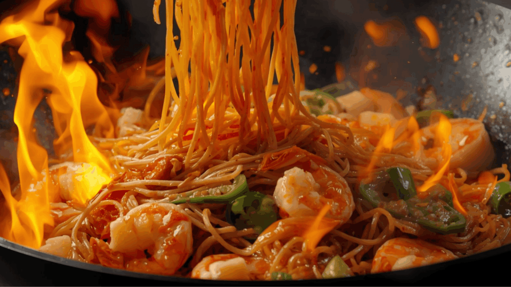 Pad Thai dimasak di wajan besar