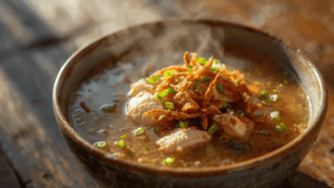 Close up sup ayam rumahan dengan bawang goreng