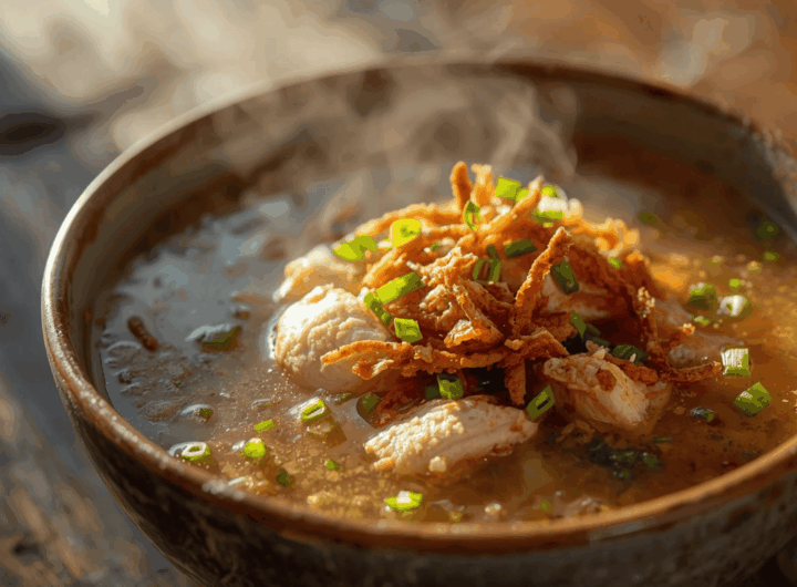 Close up sup ayam rumahan dengan bawang goreng